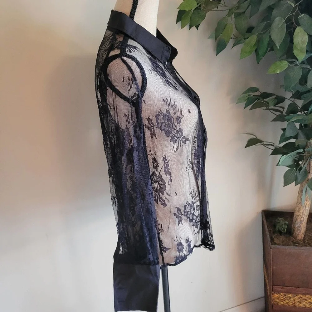 NEW Black Sheer Lace Button Up Blouse - Picture 7 of 8
